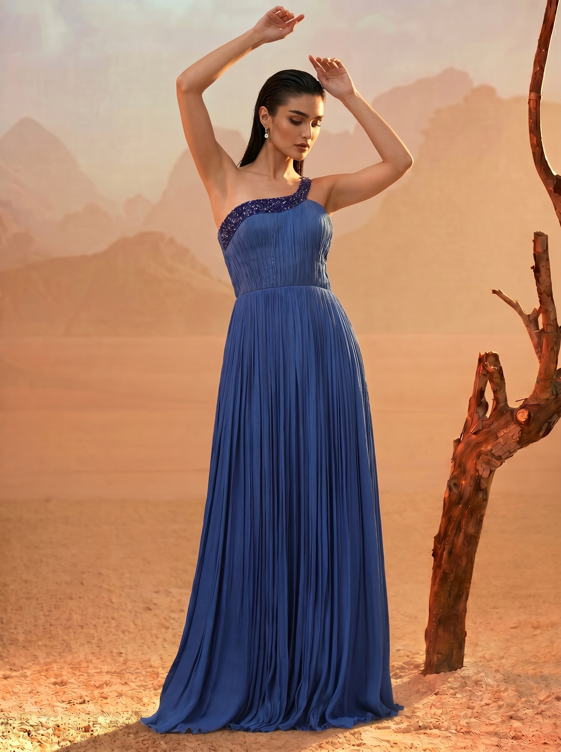 Blue One-Shoulder Pleated Gown